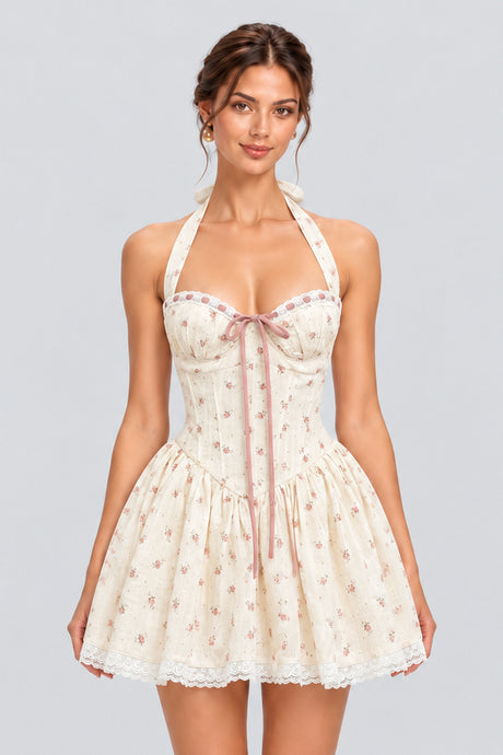 Floravienne Floral Halter Corset Mini Dress - White_-_selmori.com_-_07