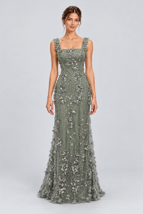 Floréliane Square Neck Floral Beaded Maxi Dress - Green_-_selmori.com_-_01