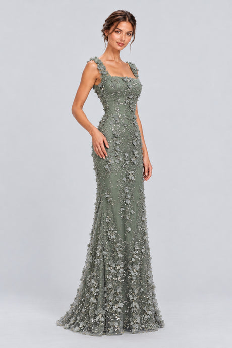 Floréliane Square Neck Floral Beaded Maxi Dress - Green_-_selmori.com_-_06