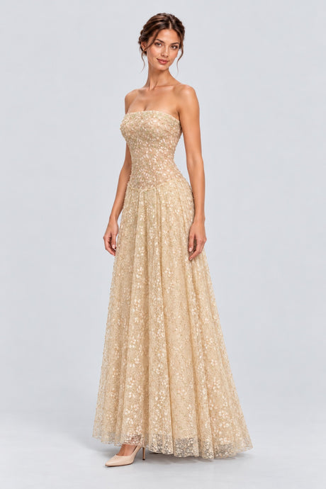 Guillemette Strapless Floral Lace Drop Waist Maxi Dress - Apricot_-_selmori.com_-_05
