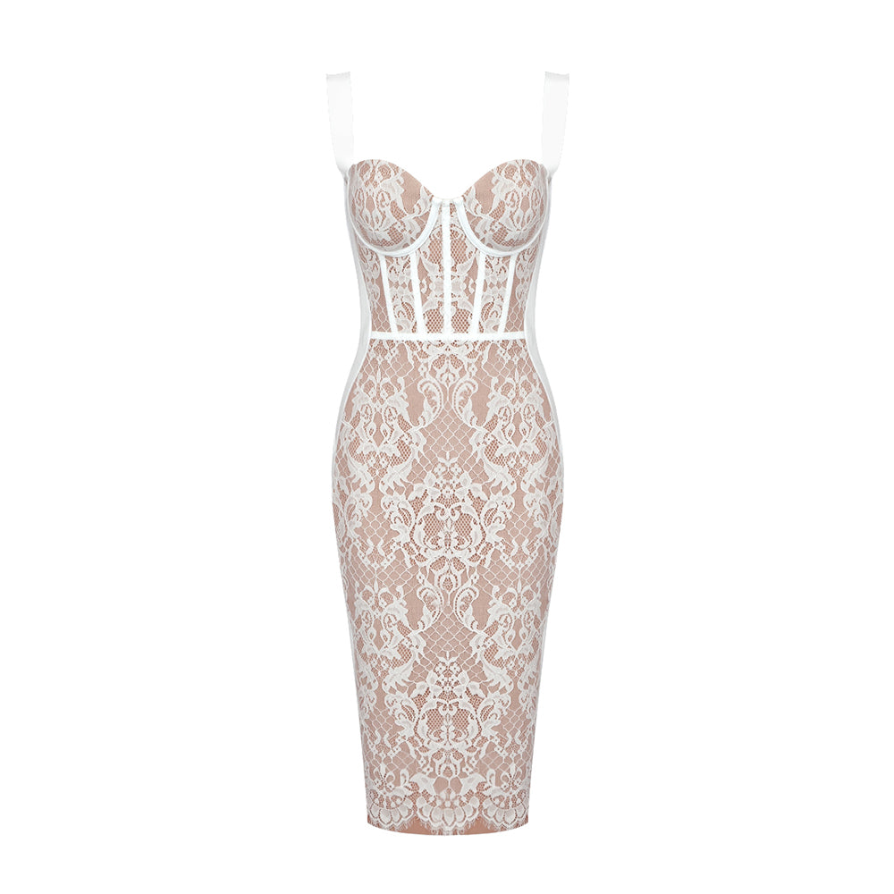 Selmori Thalia Lace Corset Midi Dress White