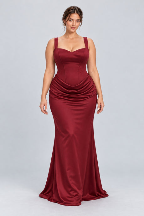 Hortense Plus Size Ruched Corset Maxi Dress - Red_-_selmori.com_-_01