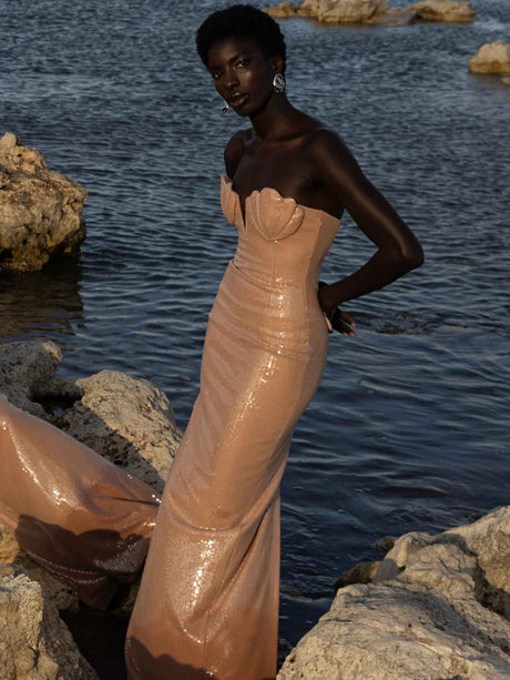 Hymne Blush Pink Sequin Strapless Evening Gown