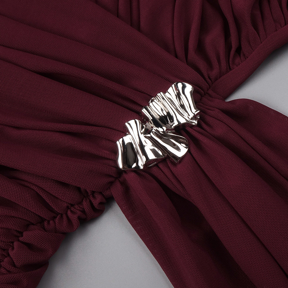 Instinct One Shoulder Draped Ruched Mini Dress Burgundy