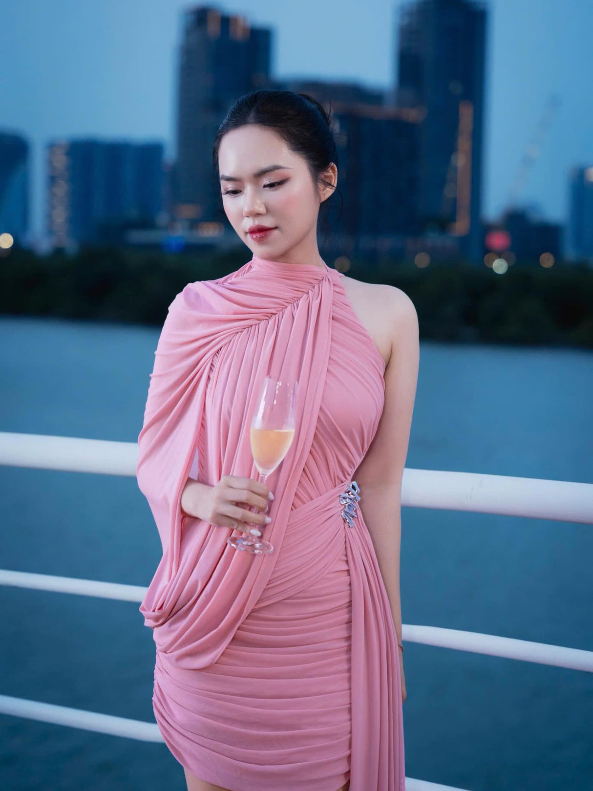 Instinct One Shoulder Draped Ruched Mini Dress Pink