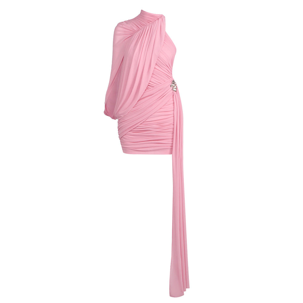 Instinct One Shoulder Draped Ruched Mini Dress Pink