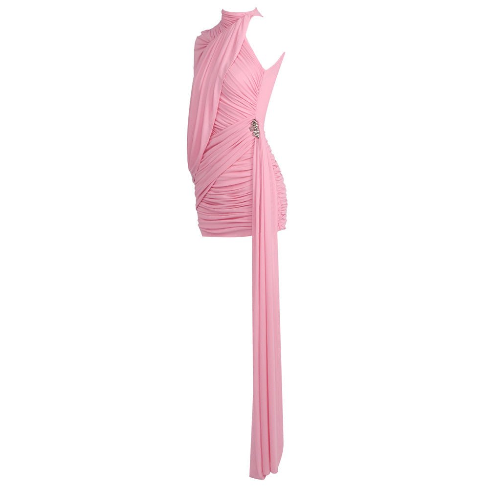 Instinct One Shoulder Draped Ruched Mini Dress Pink