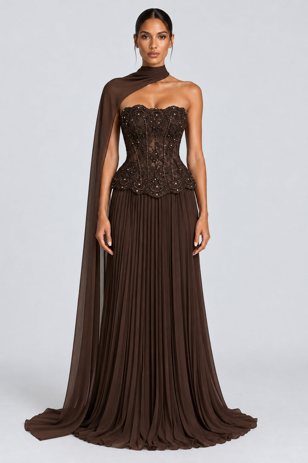 Marcelline Strapless Beaded Lace Corset Two-Piece Maxi Dress with Scarf - Brown_-_selmori.com_-_01