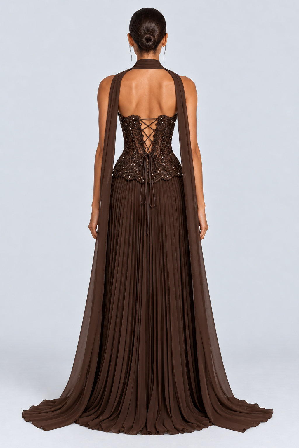 Marcelline Strapless Beaded Lace Corset Two-Piece Maxi Dress with Scarf - Brown_-_selmori.com_-_02