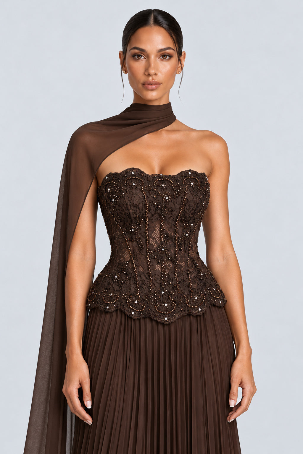 Marcelline Strapless Beaded Lace Corset Two-Piece Maxi Dress with Scarf - Brown_-_selmori.com_-_07