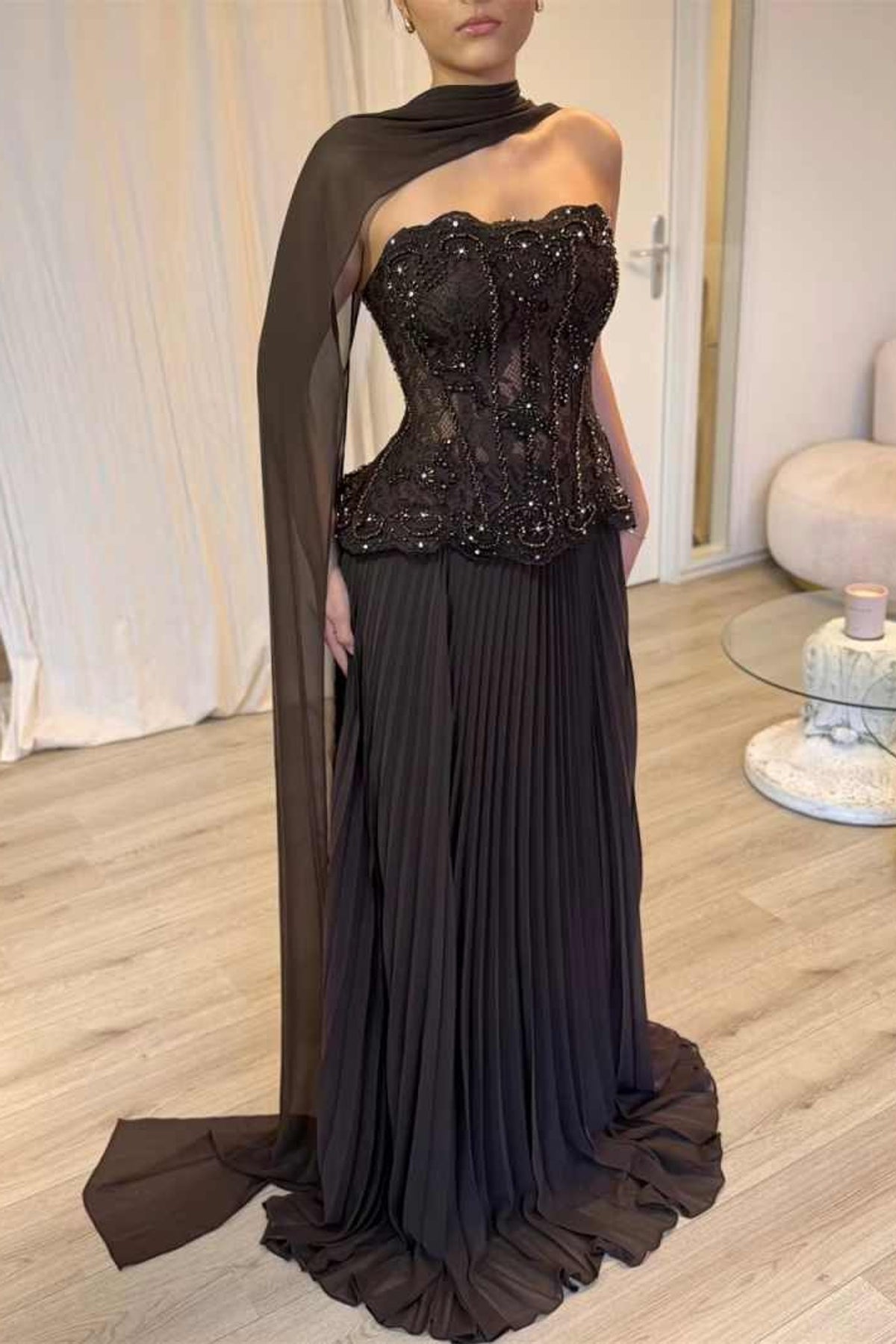 Marcelline Strapless Beaded Lace Corset Two-Piece Maxi Dress with Scarf - Brown_-_selmori.com_-_08