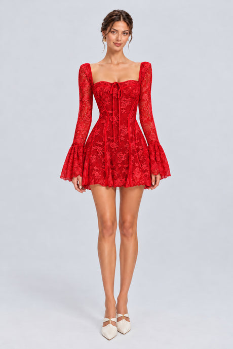 Meliora Lace Corset Bell Sleeve Mini Dress - Red_-_selmori.com_-_01