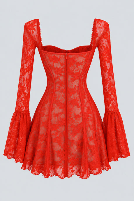 Meliora Lace Corset Bell Sleeve Mini Dress - Red_-_selmori.com_-_04