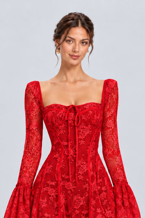 Meliora Lace Corset Bell Sleeve Mini Dress - Red_-_selmori.com_-_07