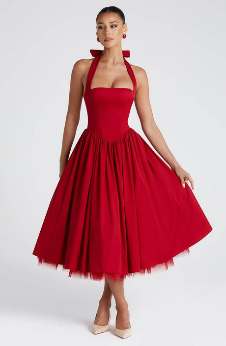 Selmori Margaux Halter Neck Midi Dress Red