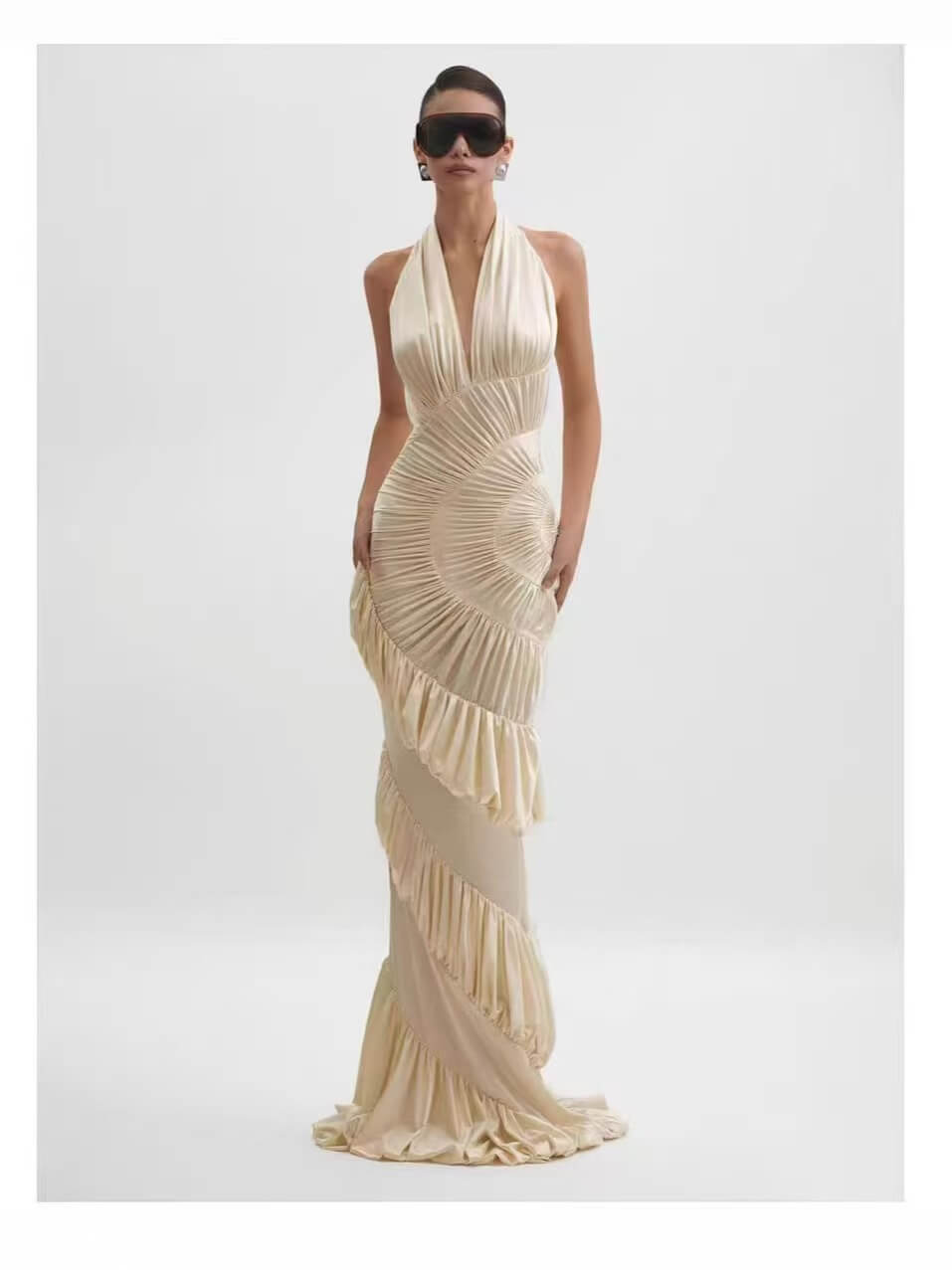 Illusion Halter Neck Pleated Maxi Dress