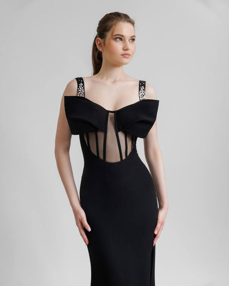Éclatante Corset High Slit Mesh Maxi Dress