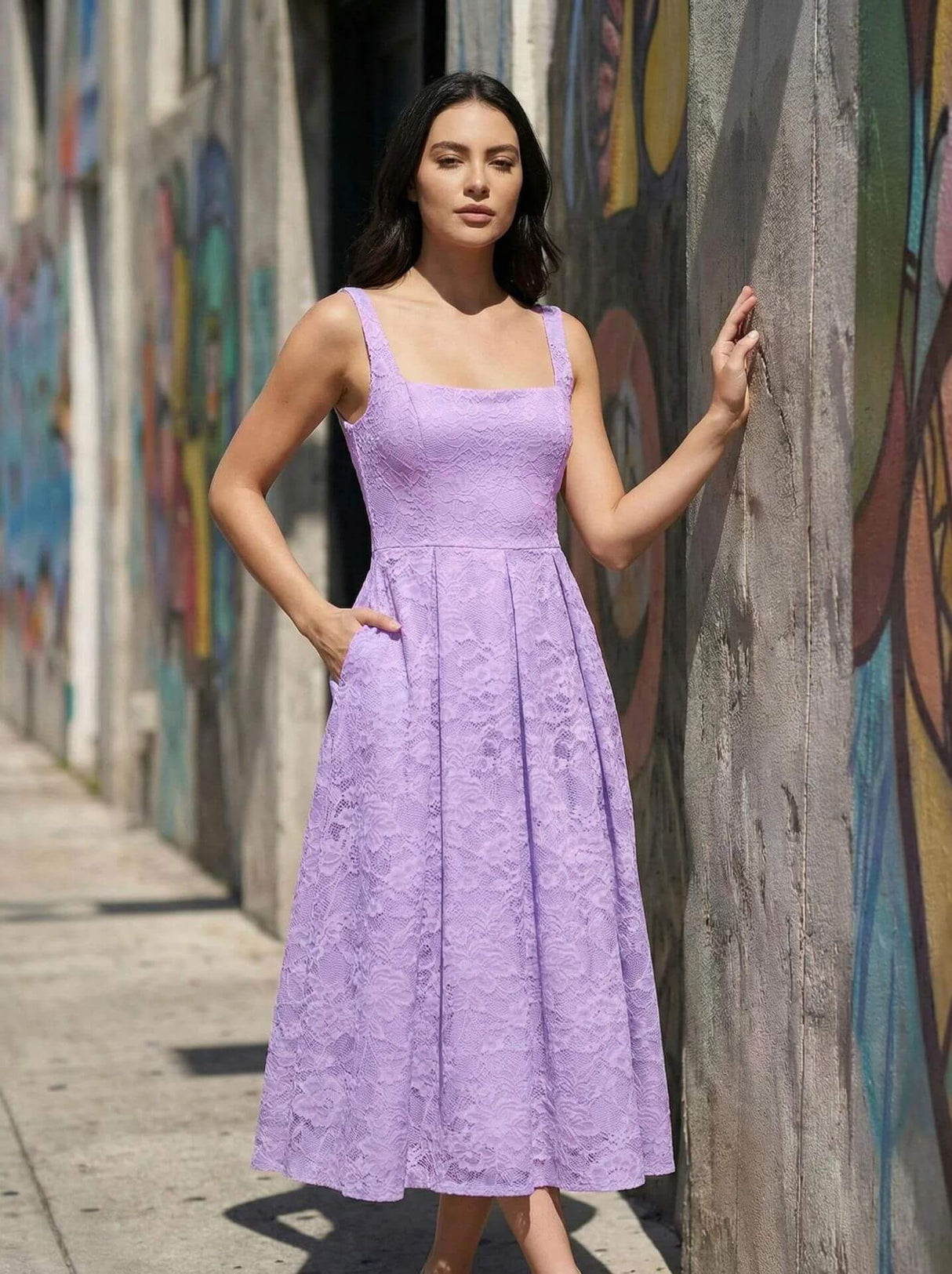 Subtilité Square Neck Lace Midi Dress