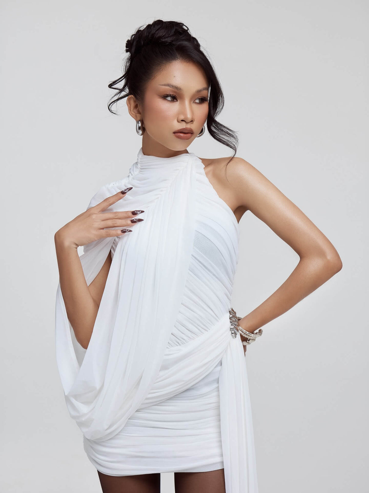 Instinct One Shoulder Draped Ruched Mini Dress White