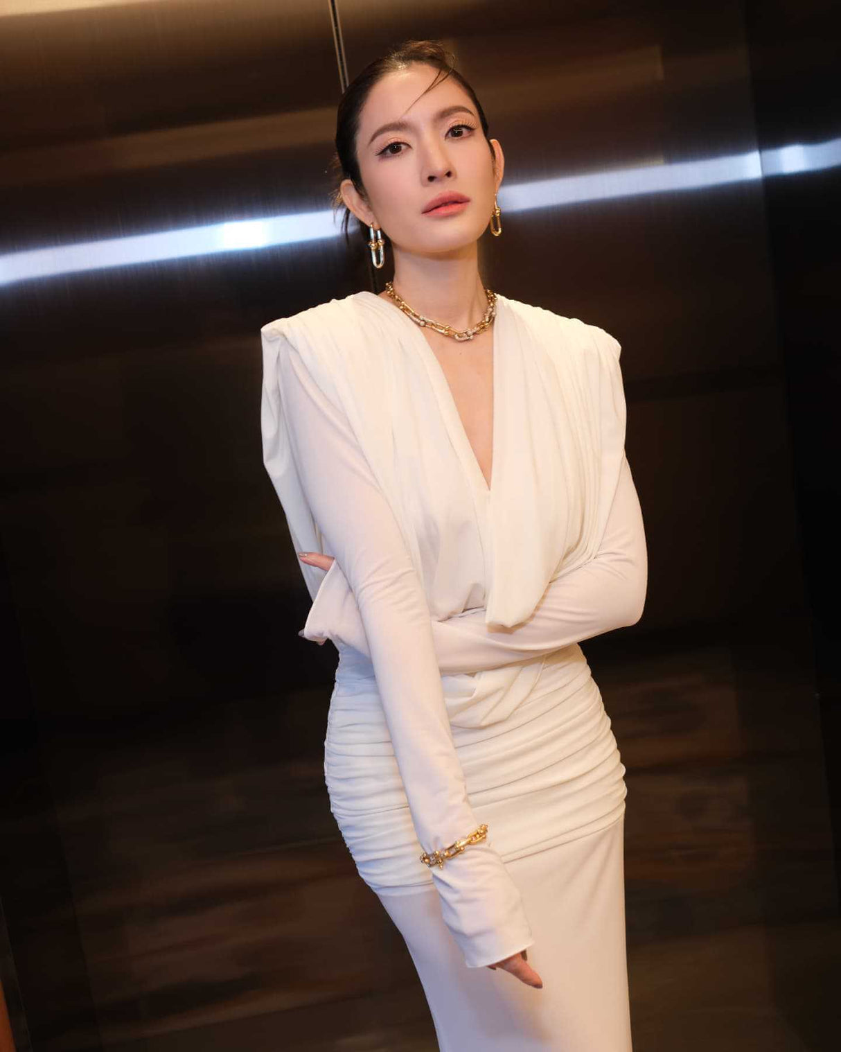 Selmori Lumière Long Sleeve Deep V Maxi Dress