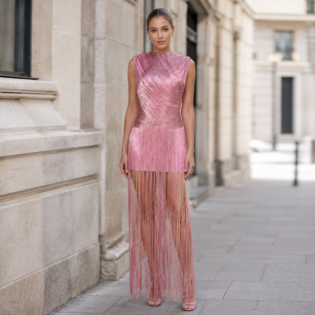 Symphonie Fringe High Neck Maxi Dress
