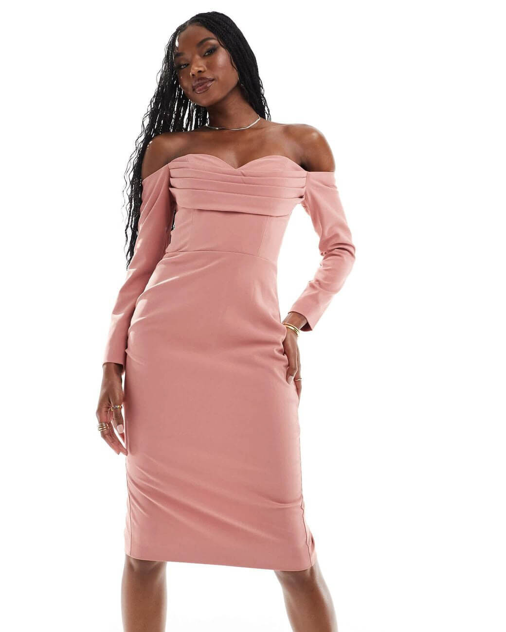 Élégance Off Shoulder Long Sleeve Midi Dress