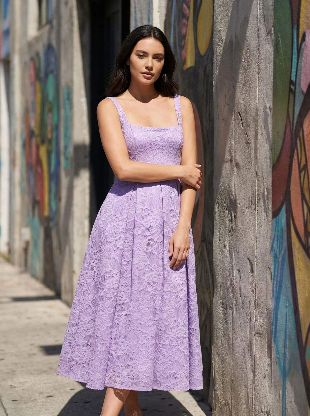 Subtilité Square Neck Lace Midi Dress