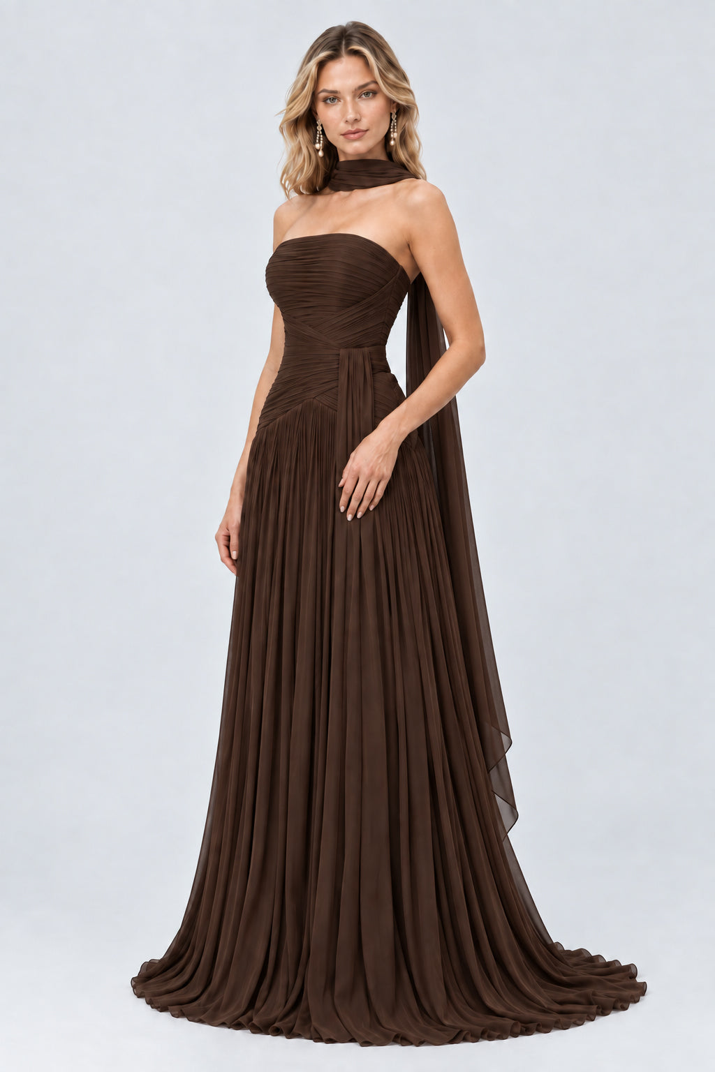 Oiseau Strapless Pleated Maxi Dress - Brown_-_selmori.com_-_05