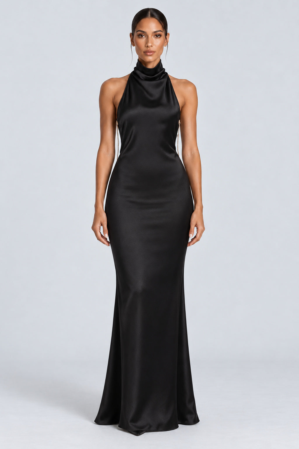 Oriane High-Neck Chain-Back Satin Maxi Dress - Black_-_selmori.com_-_01