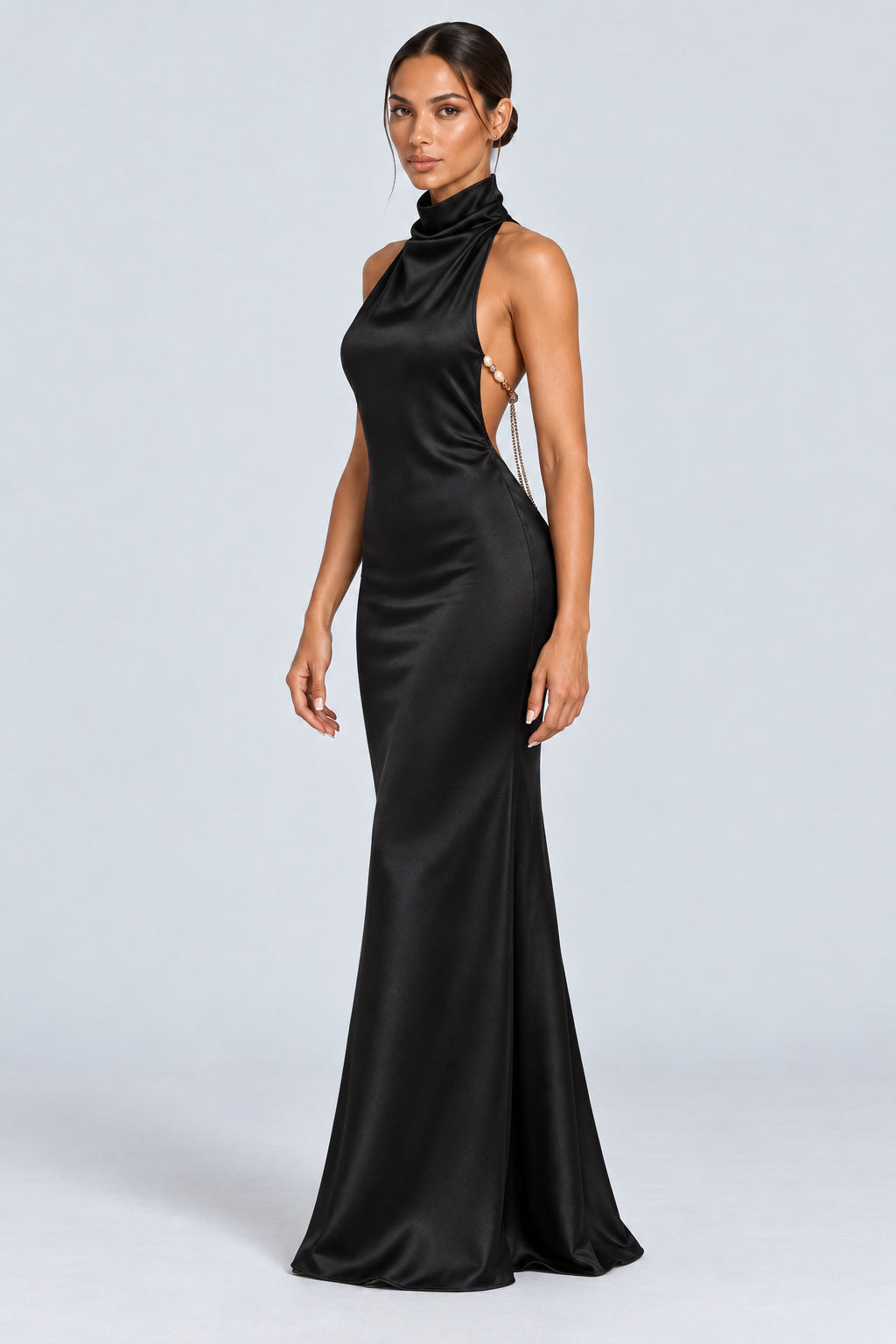 Oriane High-Neck Chain-Back Satin Maxi Dress - Black_-_selmori.com_-_05