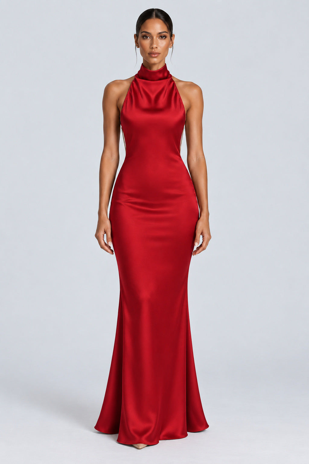 Oriane High-Neck Chain-Back Satin Maxi Dress - Red_-_selmori.com_-_01