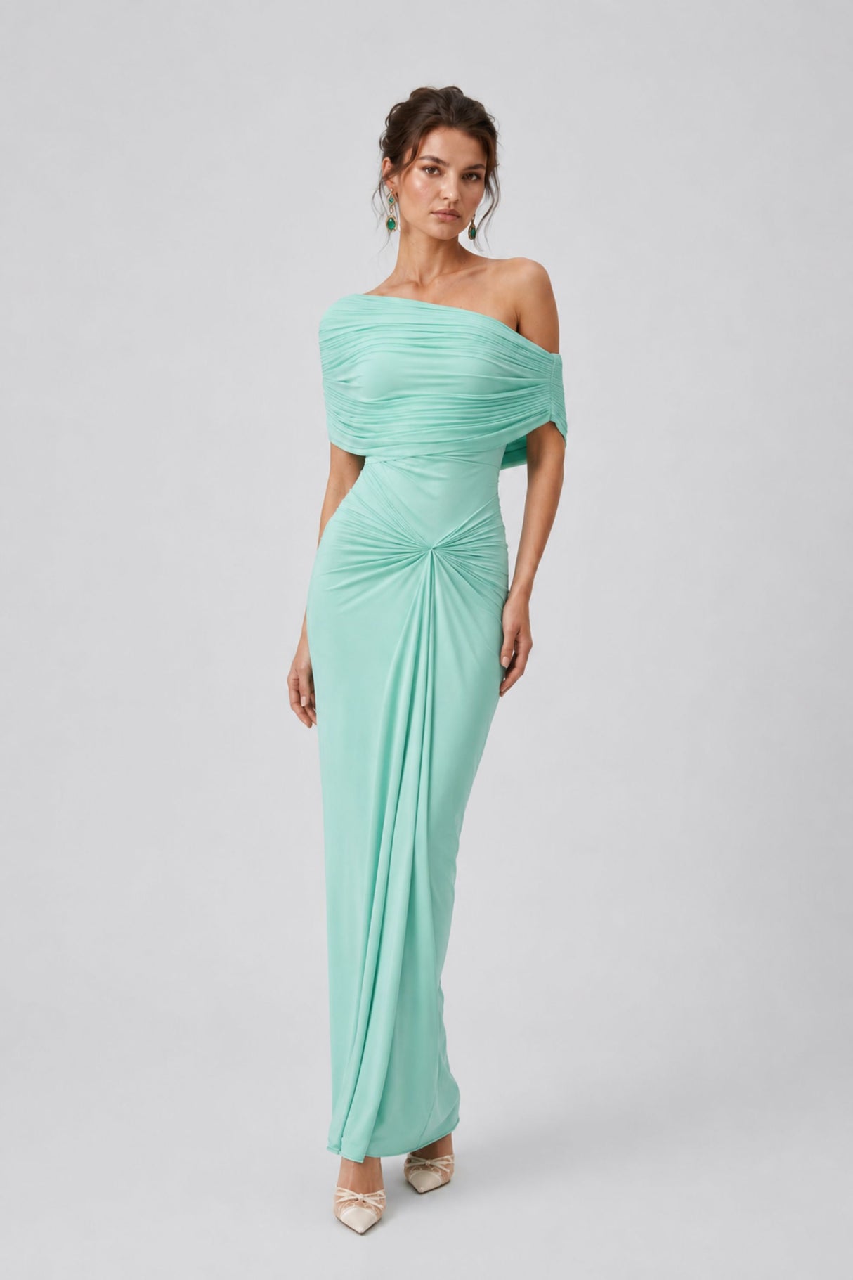 Osmanthe Asymmetrical Ruched Tulle Maxi Dress / Green