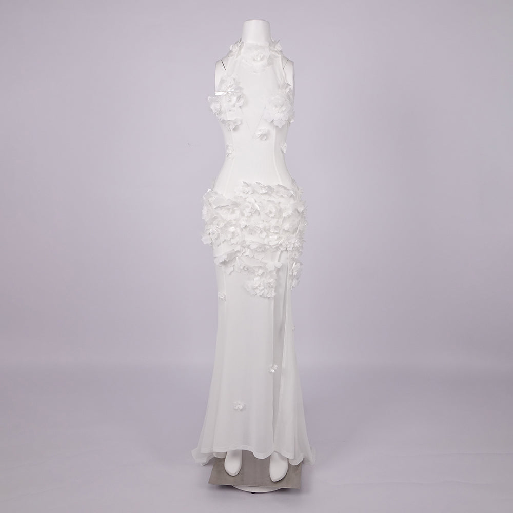 Isaline Floral Appliqué Halter Maxi Dress