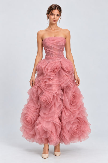 Pétalise Strapless Organza Rosette Maxi Dress - Pink_-_selmori.com_-_01