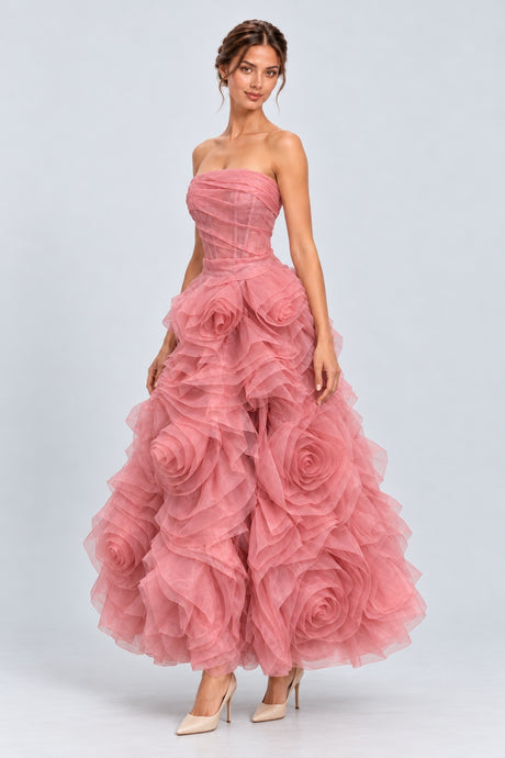 Pétalise Strapless Organza Rosette Maxi Dress - Pink_-_selmori.com_-_05