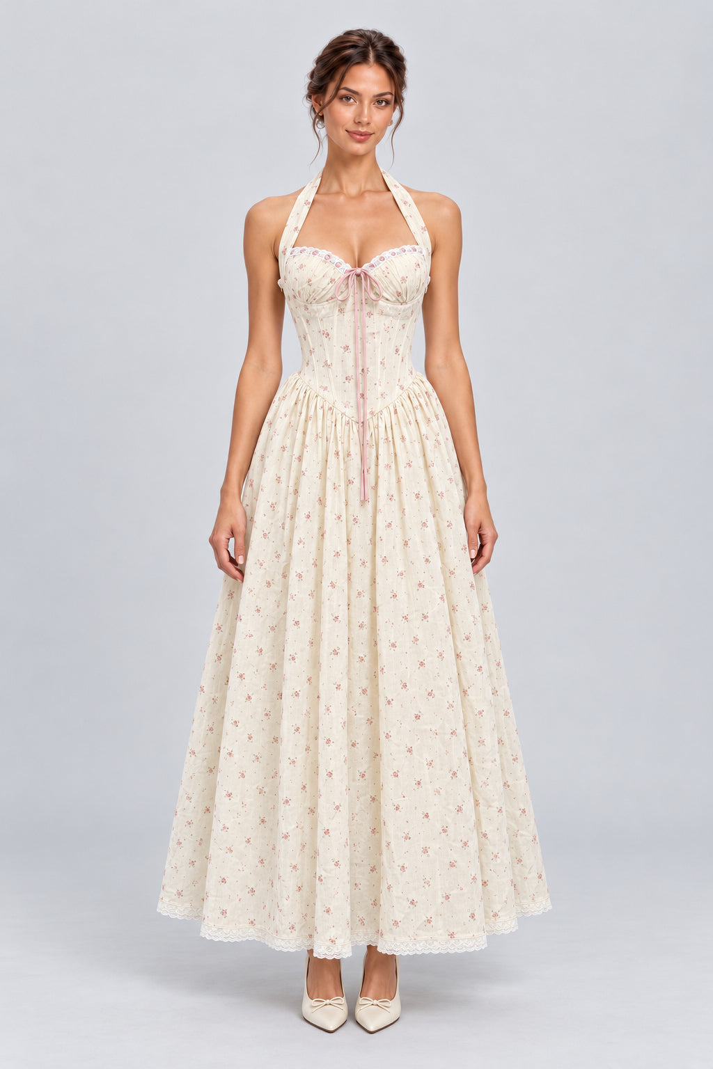 Rosamira Floral Halter Corset Maxi Dress - White_-_selmori.com_-_01