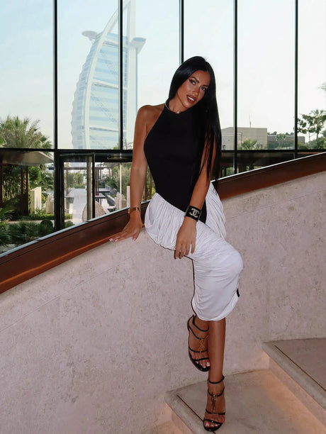 Selmori Laurette Halter Ruched Midi Dress Black & White