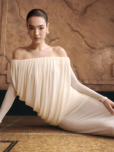 Selmori Apolline Off-Shoulder Draped Evening Maxi Dress