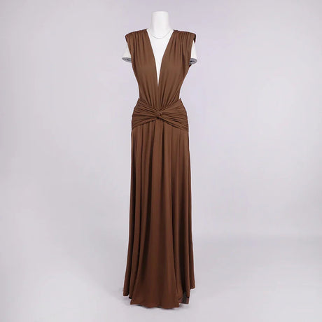 Selmori Marielle Deep V Ruched Maxi Dress Brown