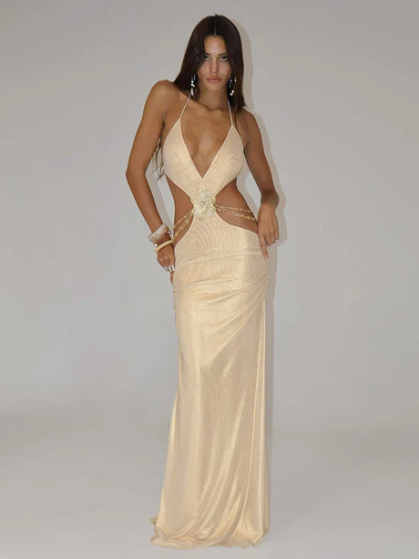 Selmori Roxane Satin Halter Neck Cutout Maxi Dress Gold