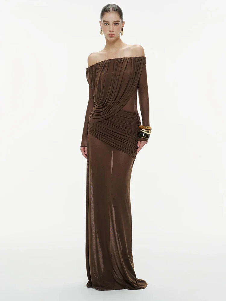 Selmori Apolline Off-Shoulder Draped Evening Maxi Dress Dark Brown
