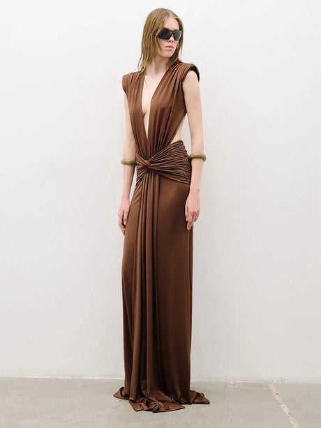 Selmori Marielle Deep V Ruched Maxi Dress