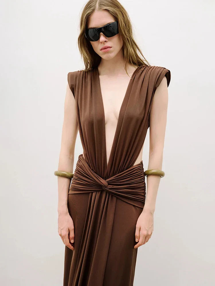Selmori Marielle Deep V Ruched Maxi Dress