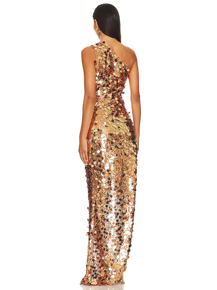 Selmori Aurore One Shoulder Gold Sequin Maxi Dress