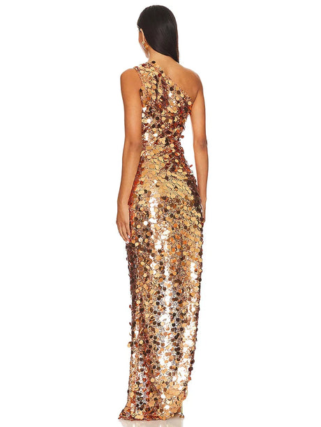 Selmori Aurore One Shoulder Gold Sequin Maxi Dress