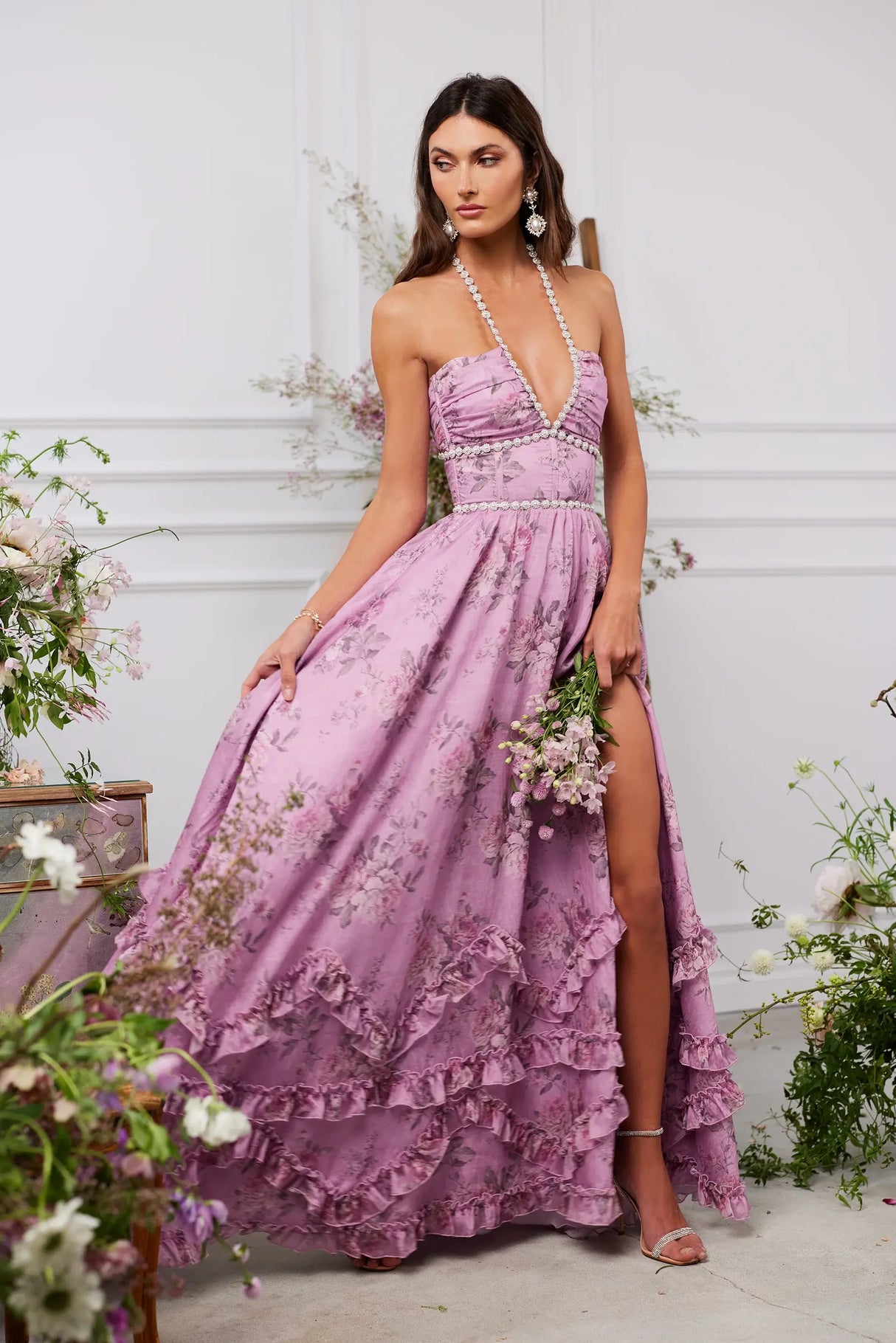 Opéra Floral Plunge Slit Maxi Dress