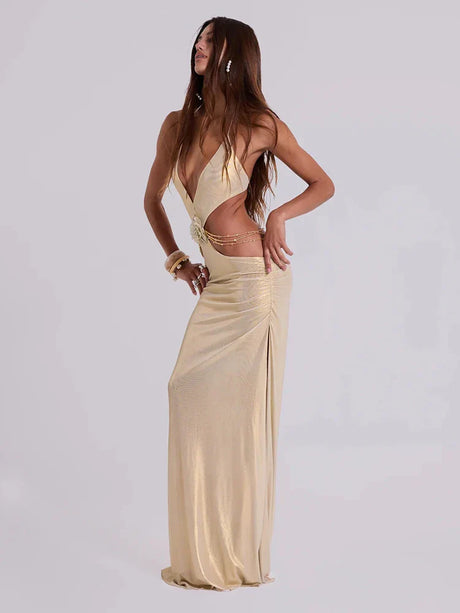 Selmori Roxane Satin Halter Neck Cutout Maxi Dress