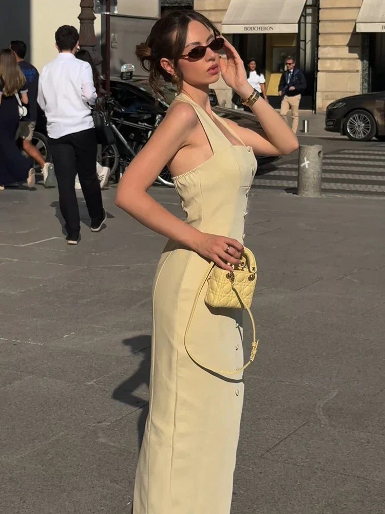 Selmori Fleur Halter Neck Button-Down Maxi Dress