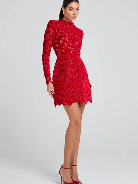 Selmori Violette Lace Long Sleeve Mini Dress Red