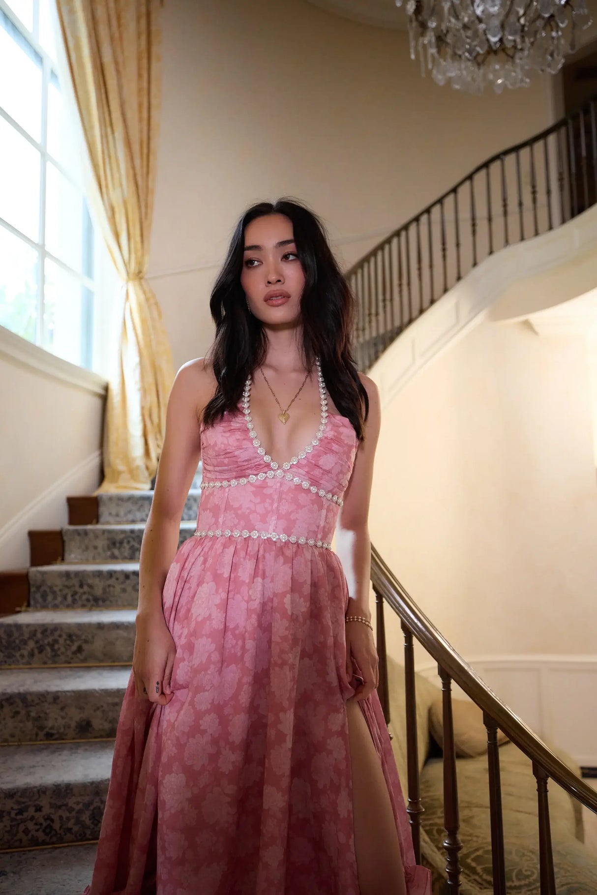 Opéra Floral Plunge Slit Maxi Dress